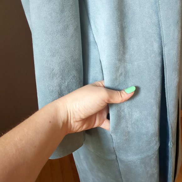 [SOLD] Zara Open Front Duster Jacket Faux Suede Blazer Trench Coat Pastel Blue - Picture 12 of 16